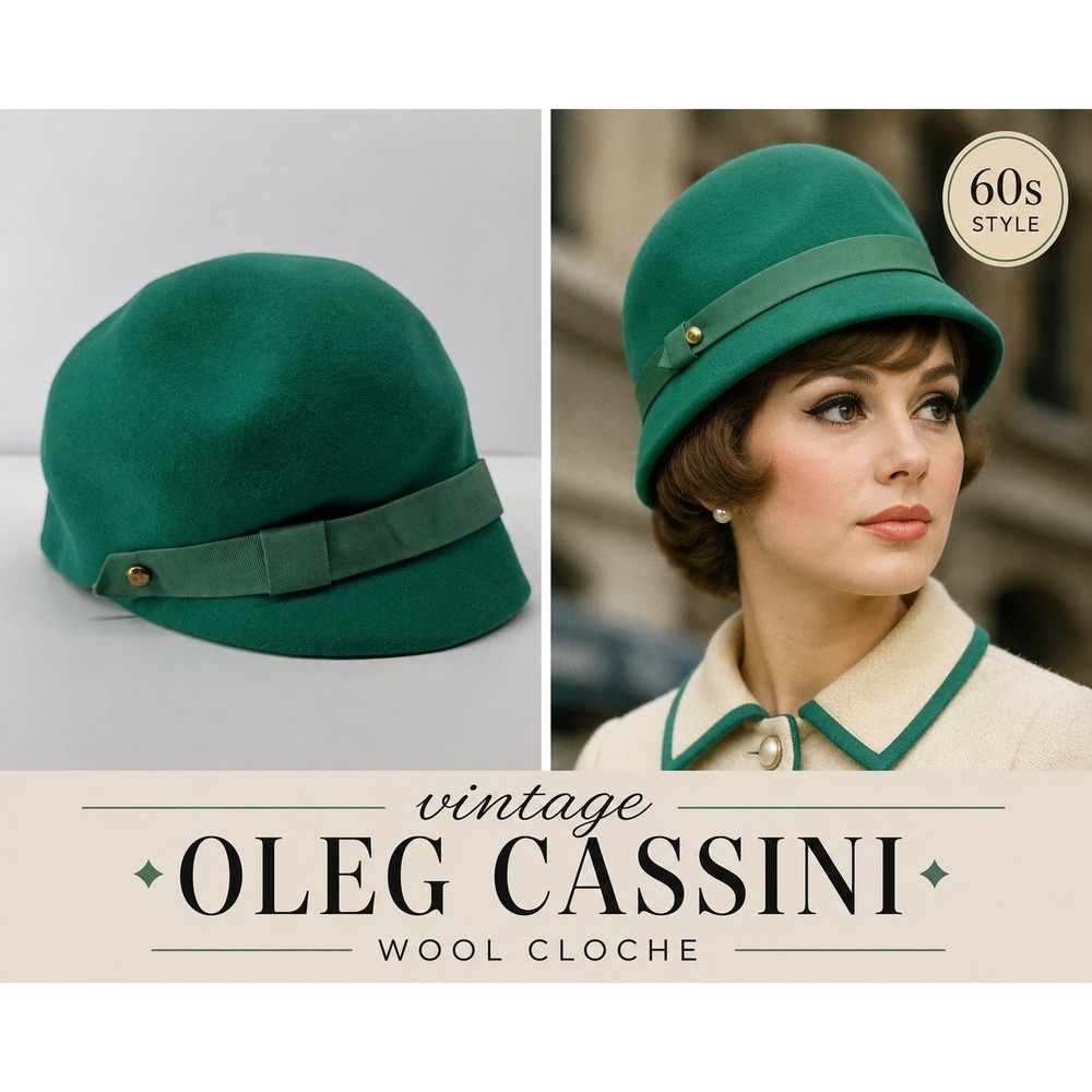 Vintage 60's Oleg Cassini Green Wool Cloche Hat Union Made Equestrian Chic - Picture 1 of 16